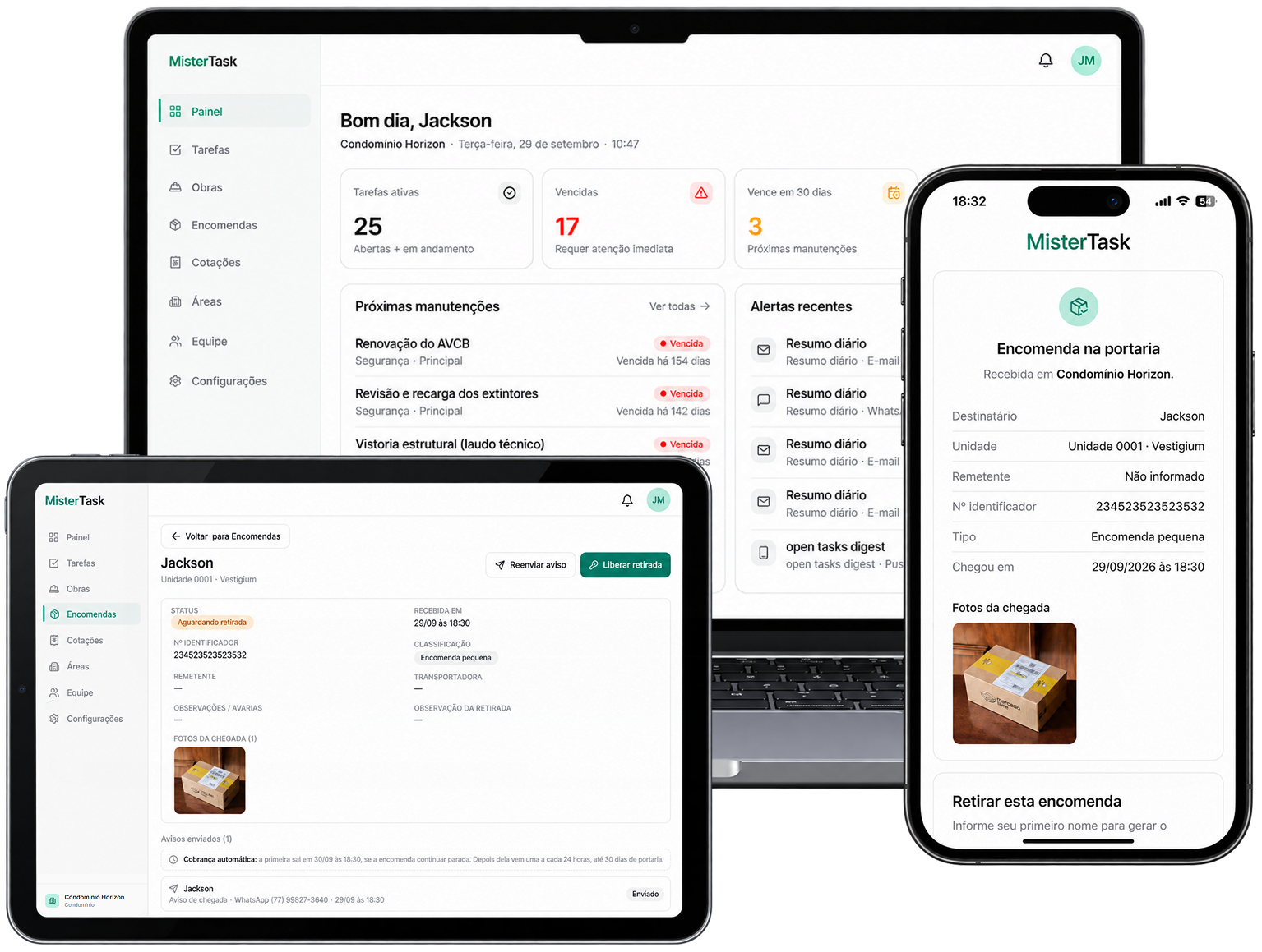 Mockup do MisterTask aberto em um notebook, tablet e celular