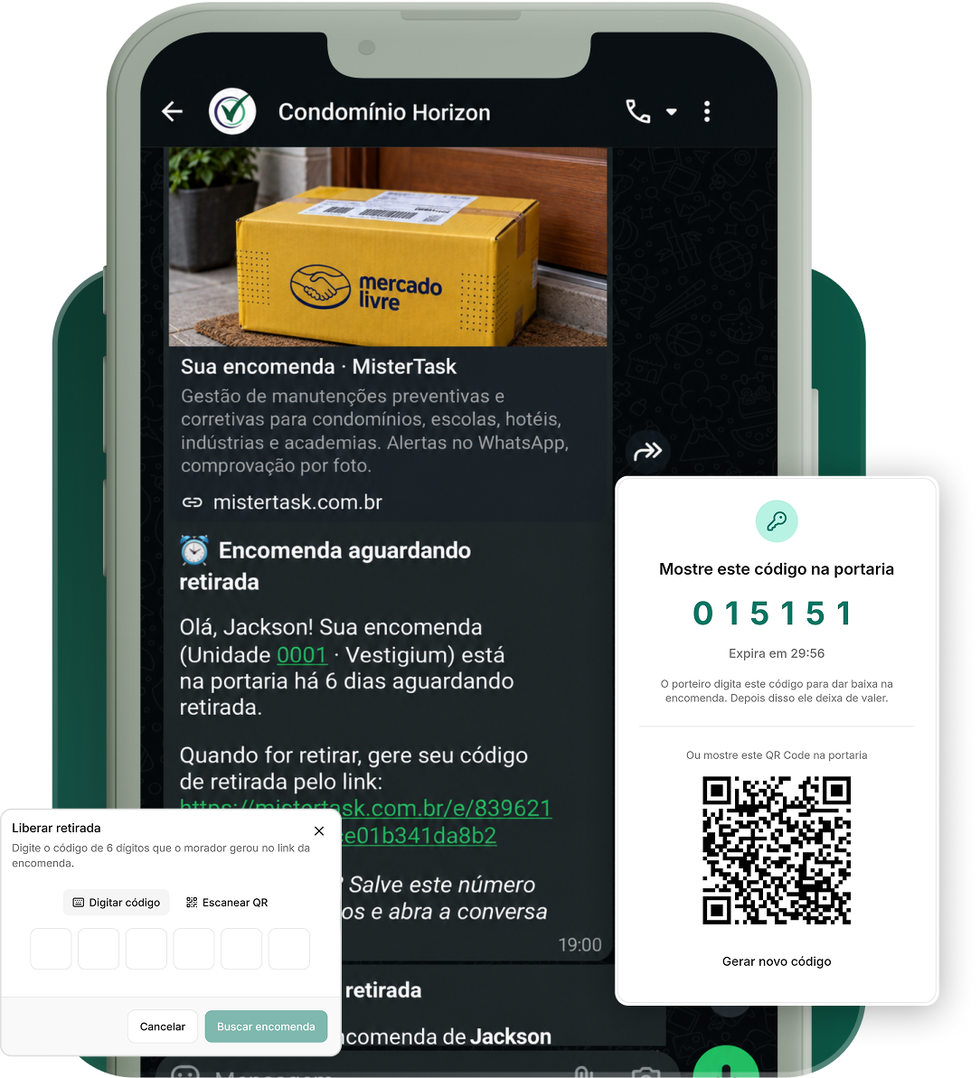 Mockup do MisterTask com aviso de encomenda pelo WhatsApp e código para retirada na portaria