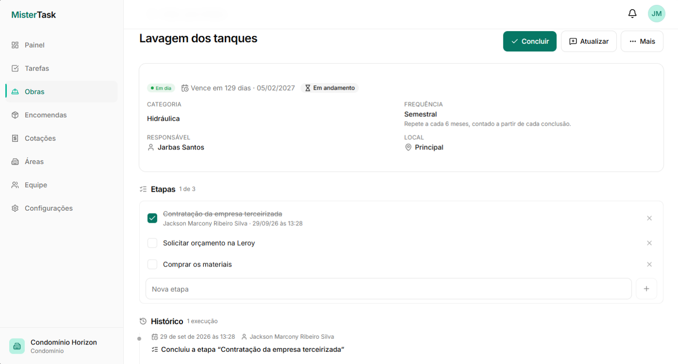 Tela do MisterTask: Manutenções sem atraso