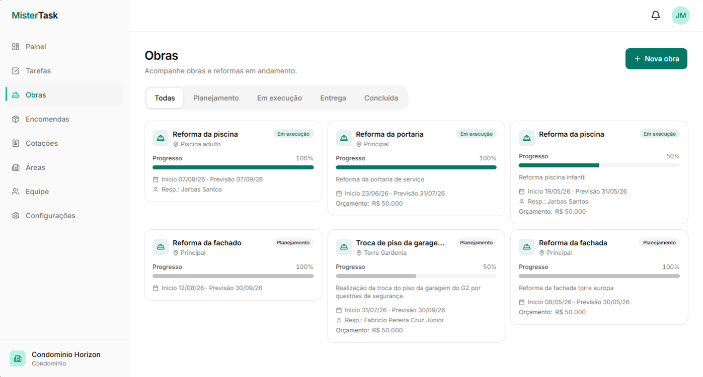Tela do MisterTask: Obras sem surpresa